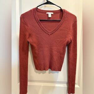Bozzolo Brick Red Ribbed V-Neck Top